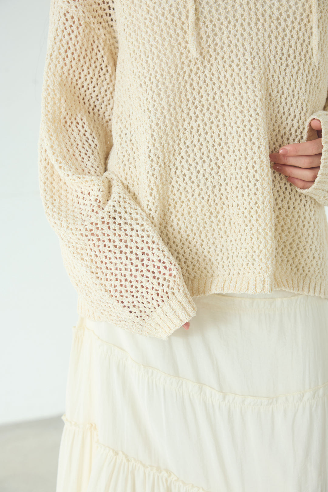 [SET]ミックスメッシュキーネックプルオーバー+シアーチュールレイヤードワイドパンツ(2set)