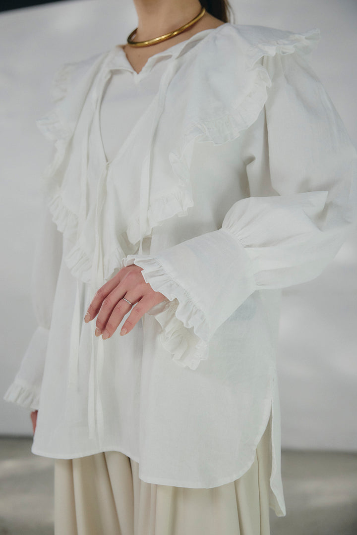 [SET]コットンフリルブラウス+デニムサロペットワイドパンツ(2set)