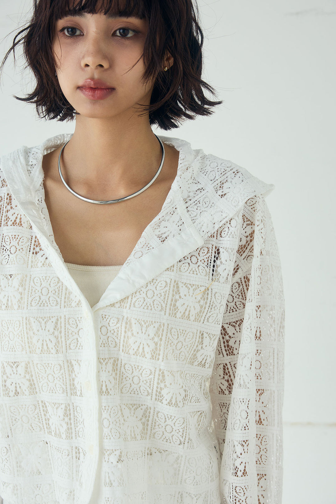 [SET]デニムオーバーサイズジャケット+パッチワークレースイージーパンツ+パッチワークレースショート丈フードシャツ(3set)