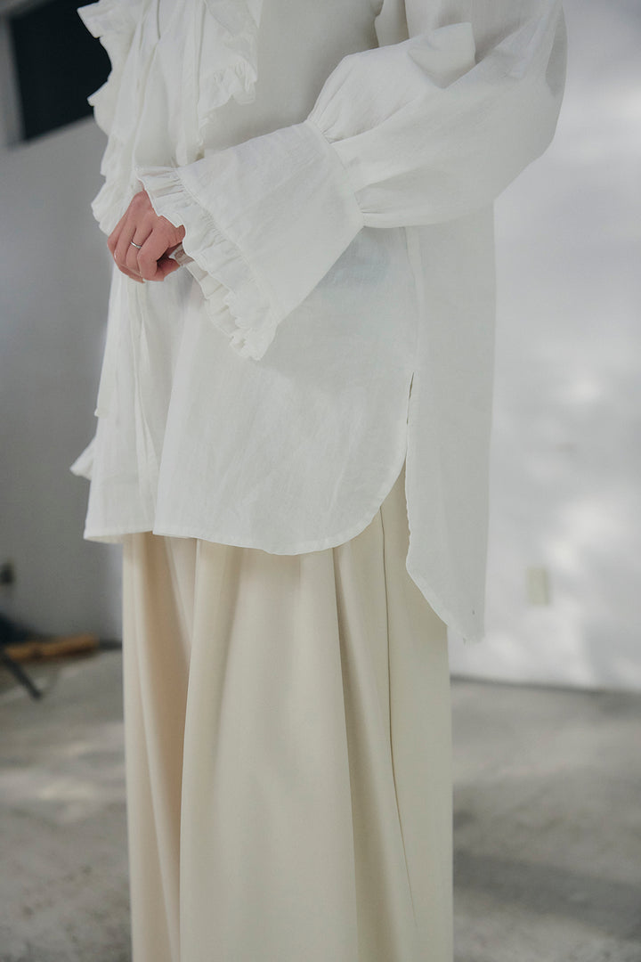 [SET]コットンフリルブラウス+ベルト付きタックデザインハイウエストロングパンツ(2set)