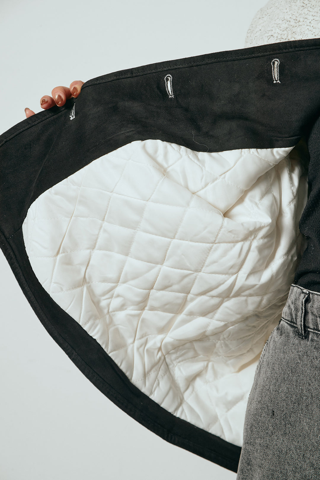 [SET]ノーカラーマフラーバッグ付きアウター+デニムロングフレアスカート(2set)