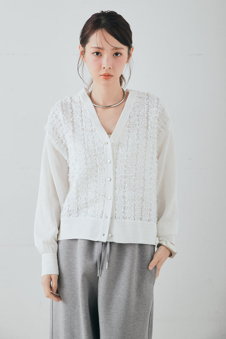 [SET]モコレースVネックカーディガン+カットダンボールウエストフリルカーブパンツ(2set)