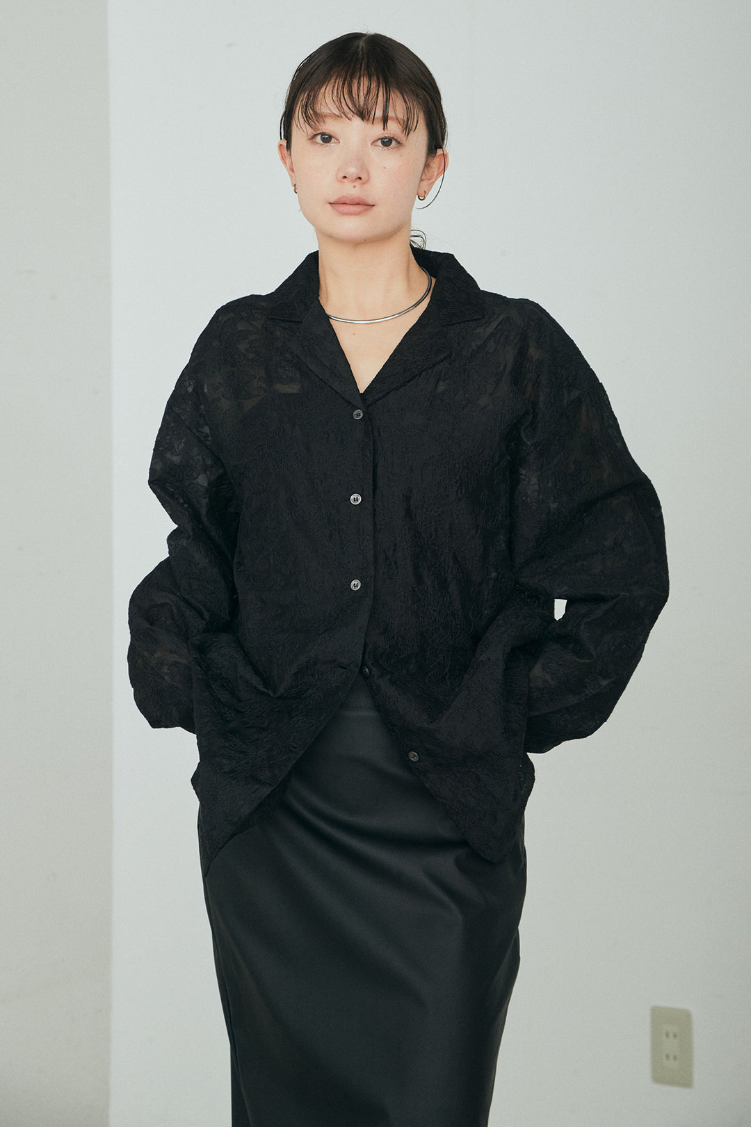 [SET]刺繍シアーオープンカラーシャツ+リネン混かすれ柄ワイドパンツ(2set)