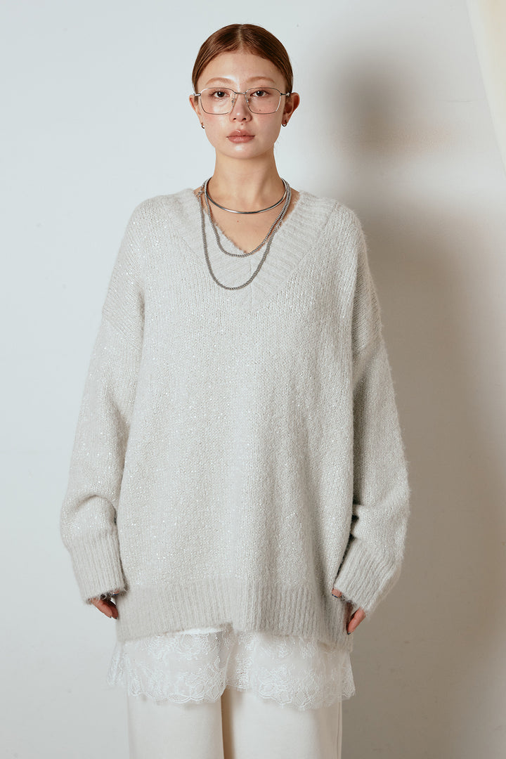 Vネックルーズラメニットトップス