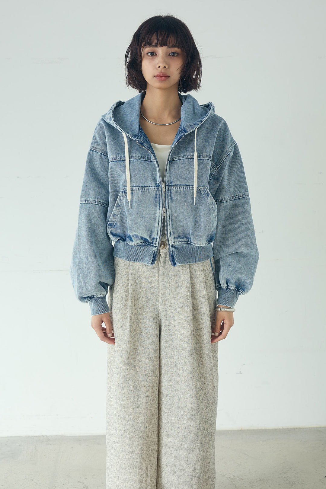[SET]デニムダブルジップパーカーブルゾン+デニムタックカーブパンツ(2set)