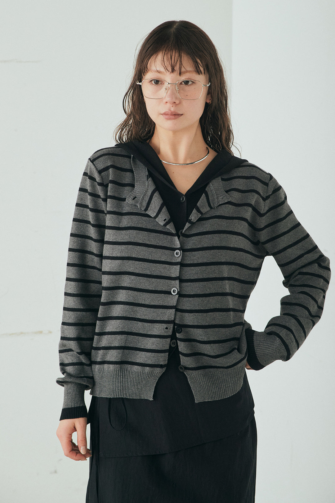 レイヤード風フード付ボーダーニットカーディガン