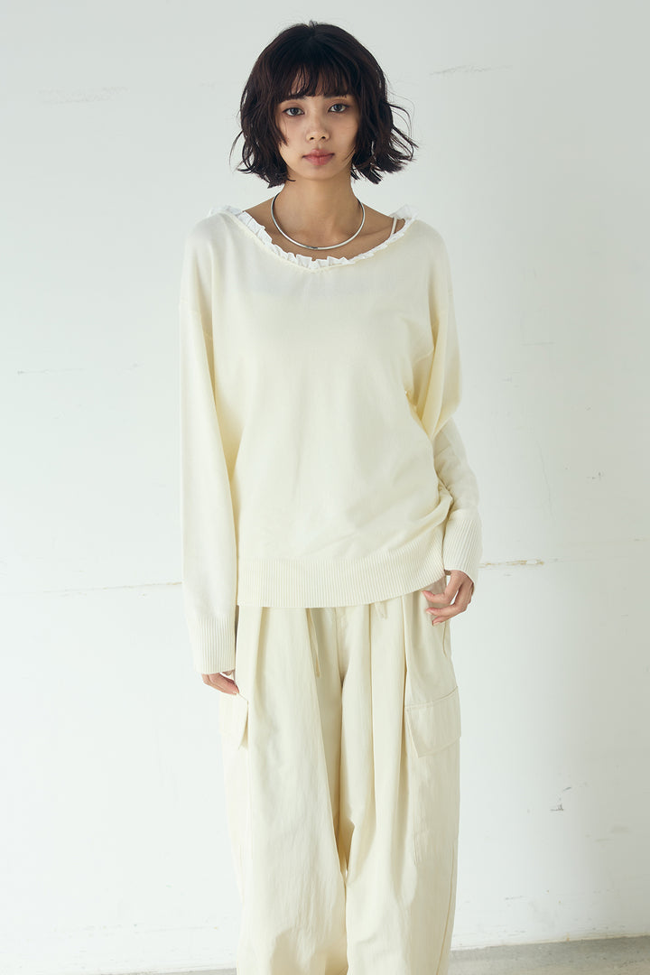 [SET]クールクール異素材コンビオフショルプルオーバー+ランダムタックデザインワイドパンツ(2set)