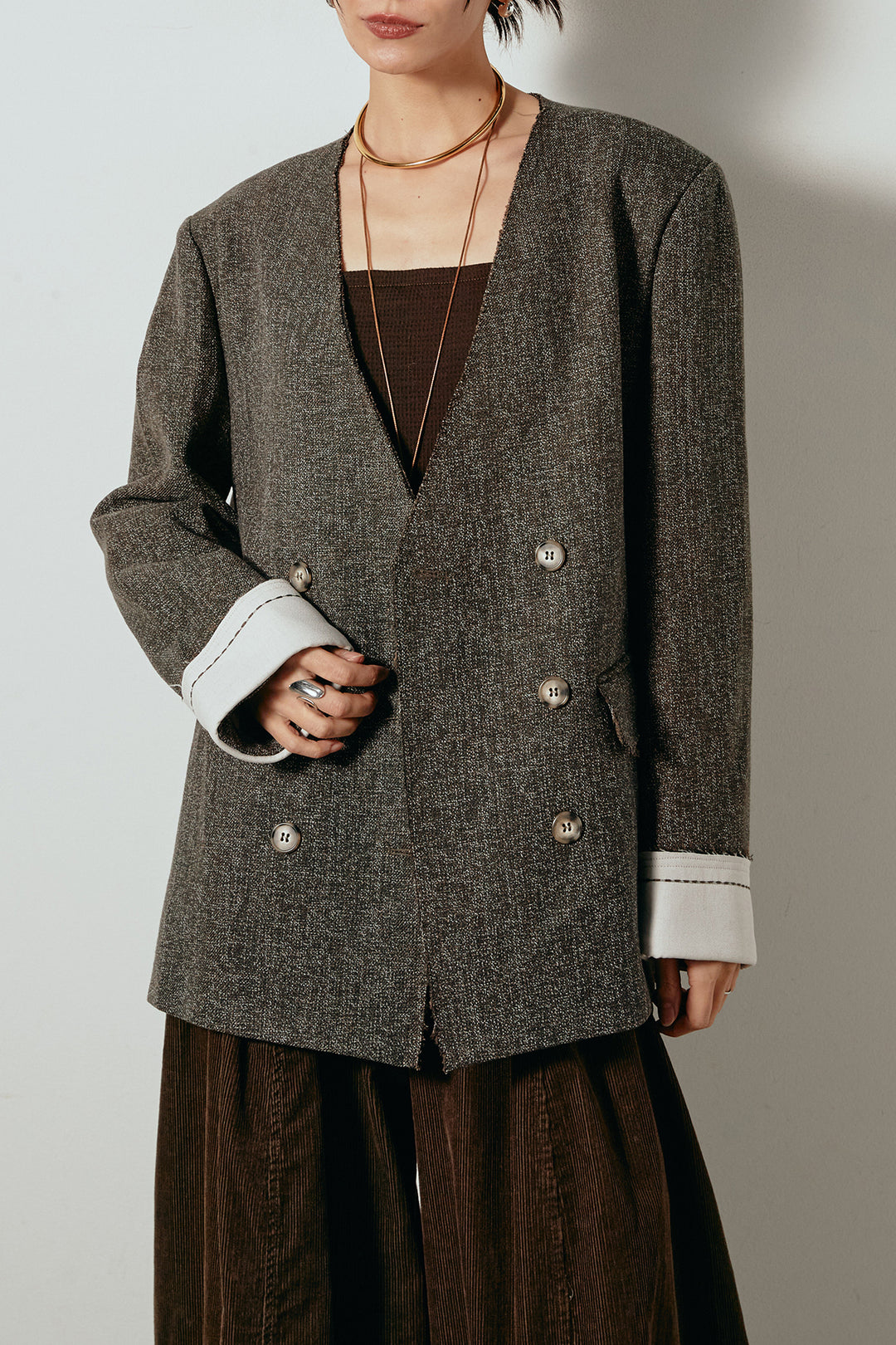 [SET]ノーカラーダブルボタンツイードジャケット+タック入りコーデュロイワイドパンツ(2set)