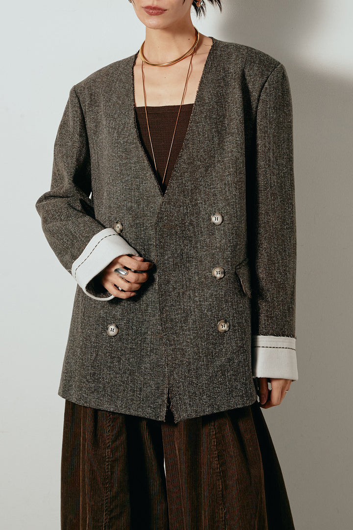 [SET]ノーカラーダブルボタンツイードジャケット+タック入りコーデュロイワイドパンツ(2set)