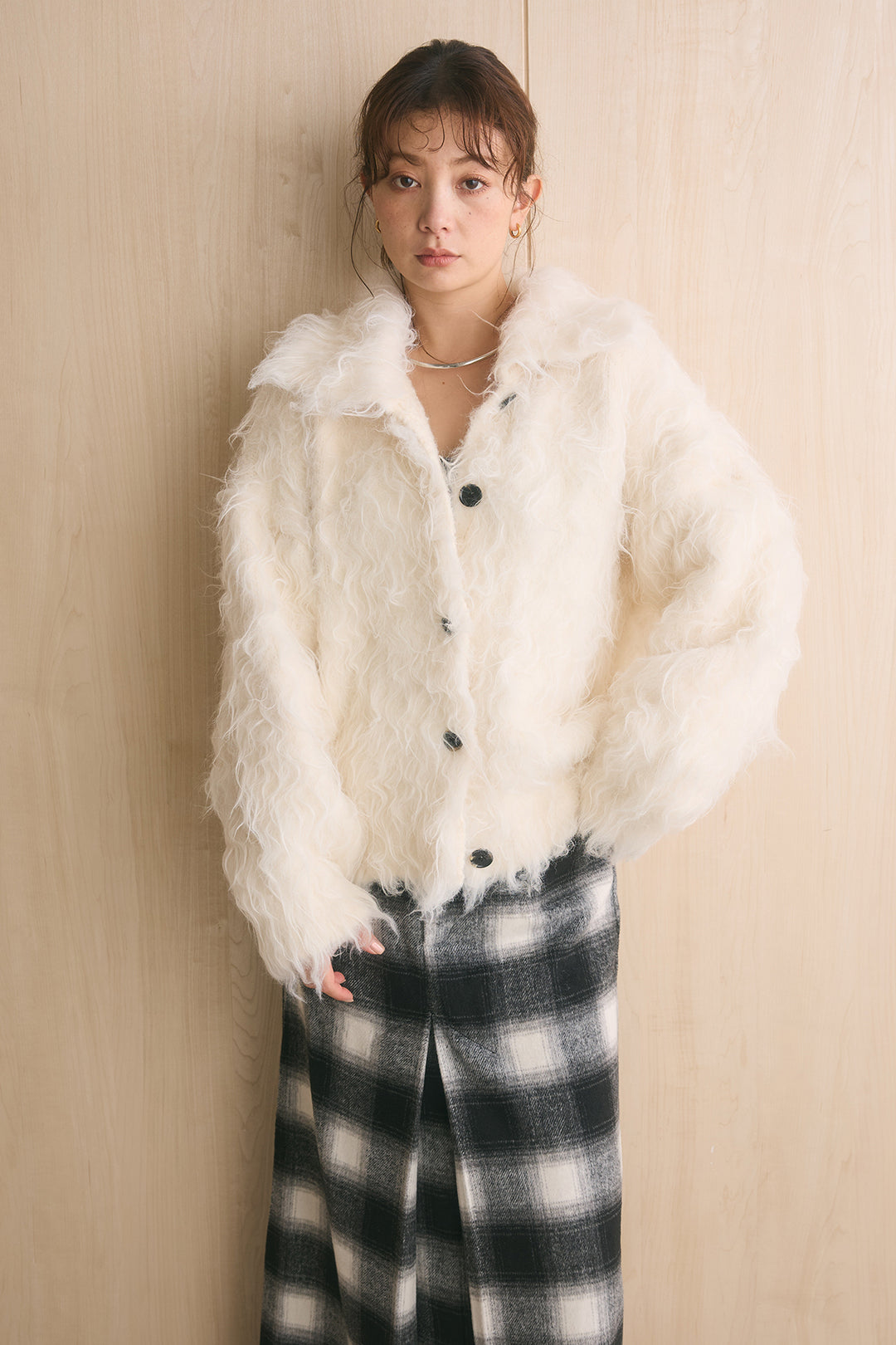 襟付きロングシャギーニットカーディガン