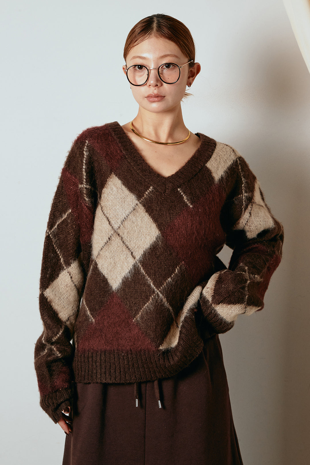 [SET]アクリルモヘアアーガイルVネックプルオーバー+裏起毛スウェットロングマキシスカート(2set)