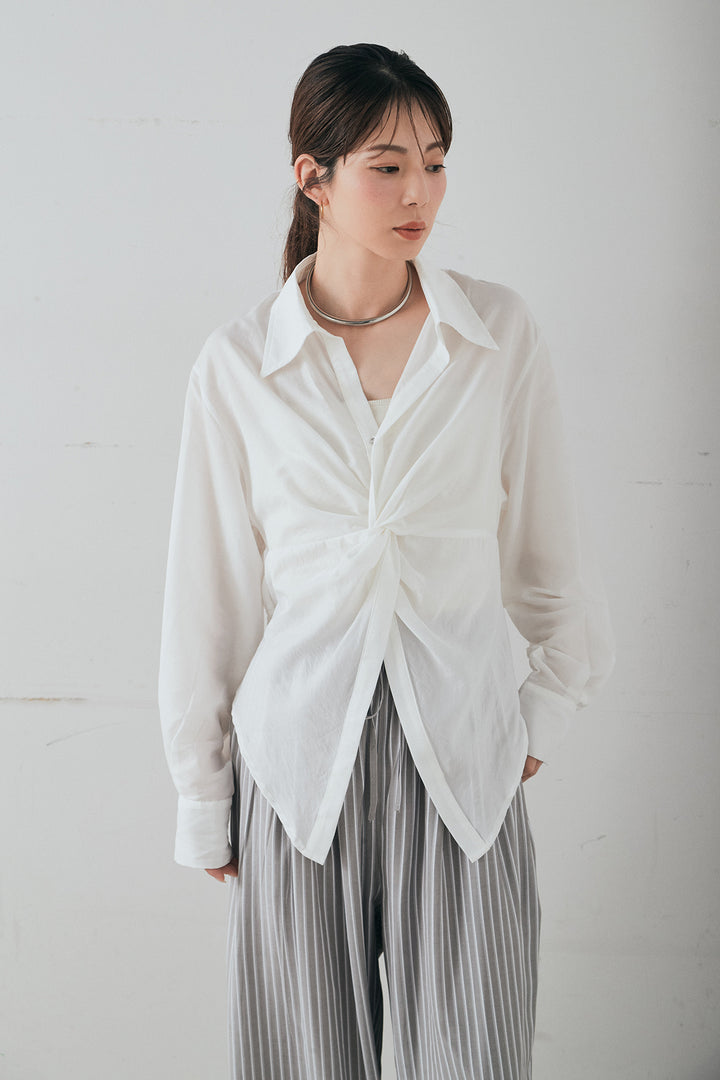 [SET]裾巻きツイストデザインシャツ+レーヨンストライプイージーワイドパンツ(2set)