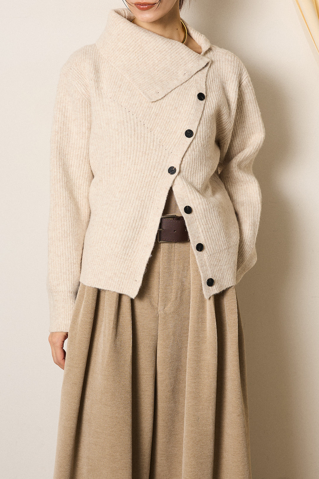 [SET]ボタンデザインネックニットプルオーバー+起毛タック入りツイードワイドパンツ(2set)