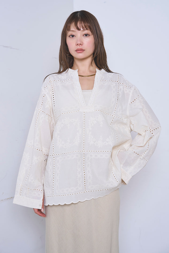 [SET]深V刺繍柄ブラウス+リネンブレンドロングナロースカート(2set)