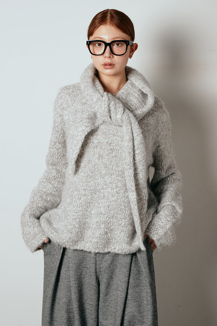 スカーフ付きミックスニットトップス