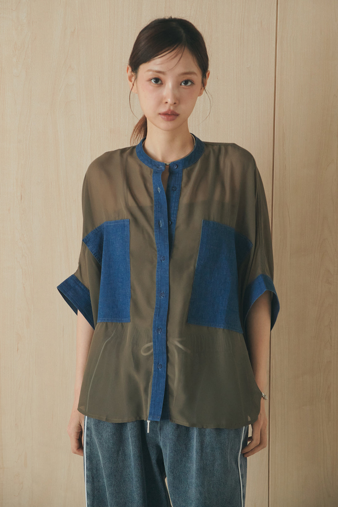 [SET]デニムライクビッグツーポケシアーシャツ+ドロストサイドラインデニムパンツ(2set)