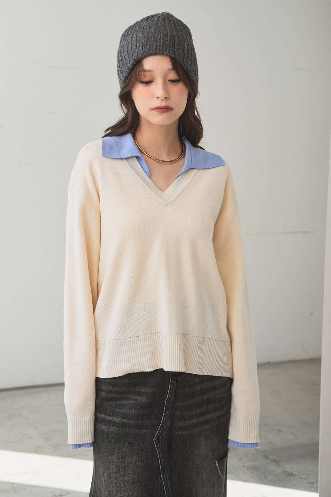 [SET]バイカラーニットレイヤード風プルオーバー+サイドベルトタック入りスラックス(2set)