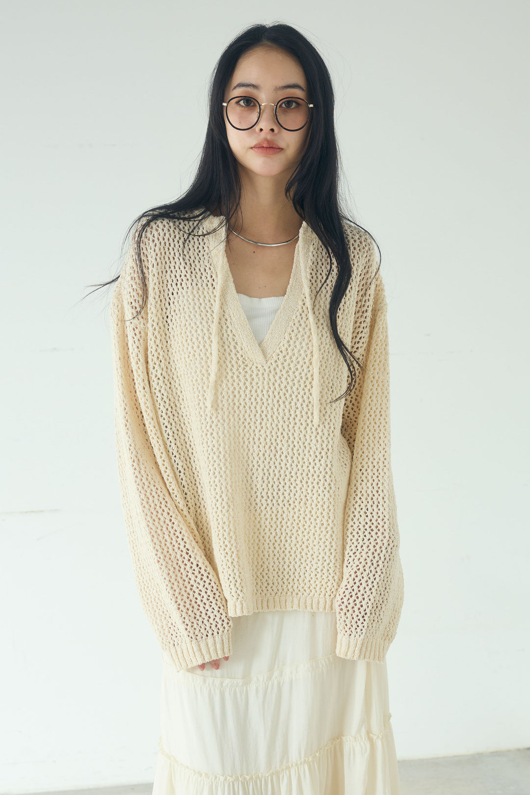 [SET]ミックスメッシュキーネックプルオーバー+ギャザーティアードマキシスカート(2set)