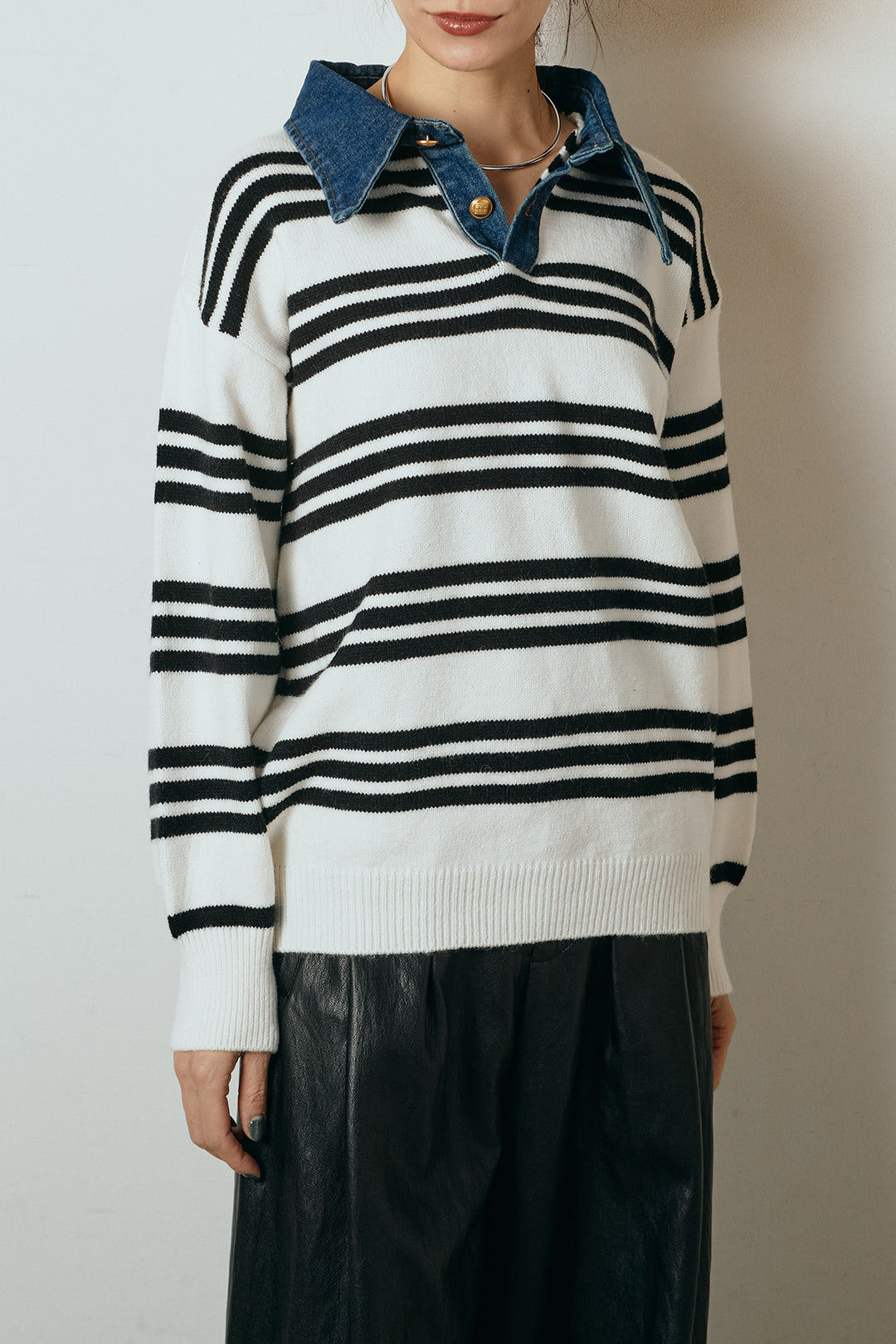 [SET]デニムレイヤード風ランダムボーダーニットプルオーバー+エコスウェードワイドスカート(2set)