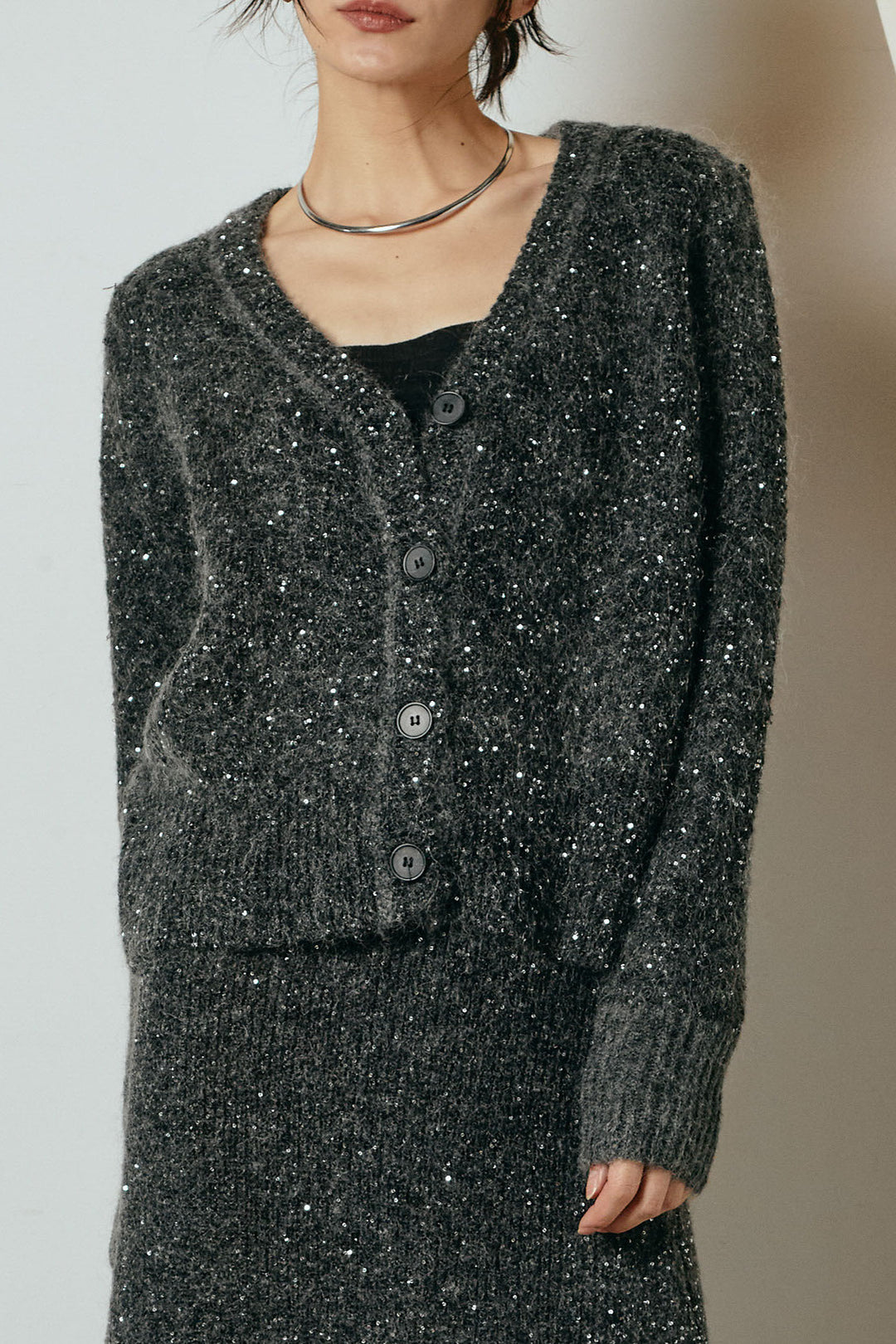 [SET]ミニラメニットカーディガン+ミニラメニットスカート(2set)