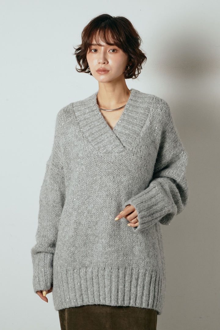 [SET]Vネックラメニットトップス+スウェードライク裾フリンジスカート(2set)