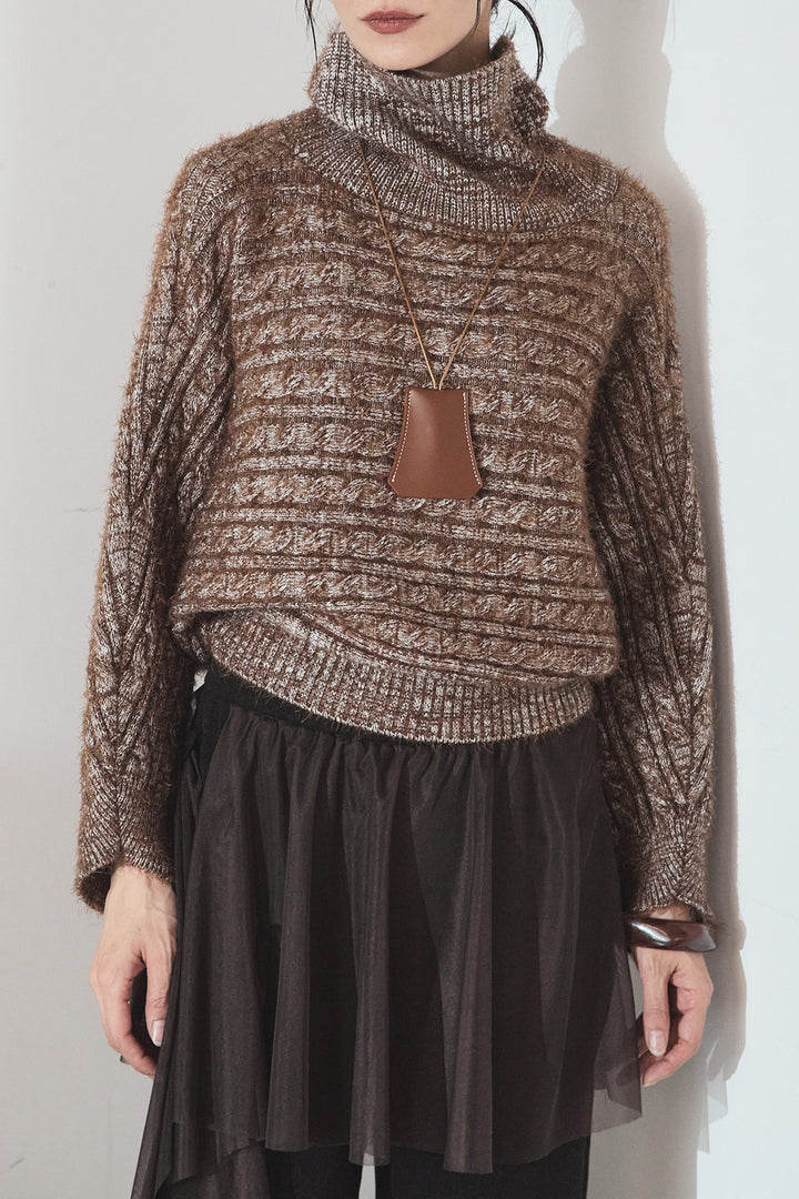 [SET]ミックス編みドルマンニットトップス+ベルト付きレザーライクタックパンツ(2set)