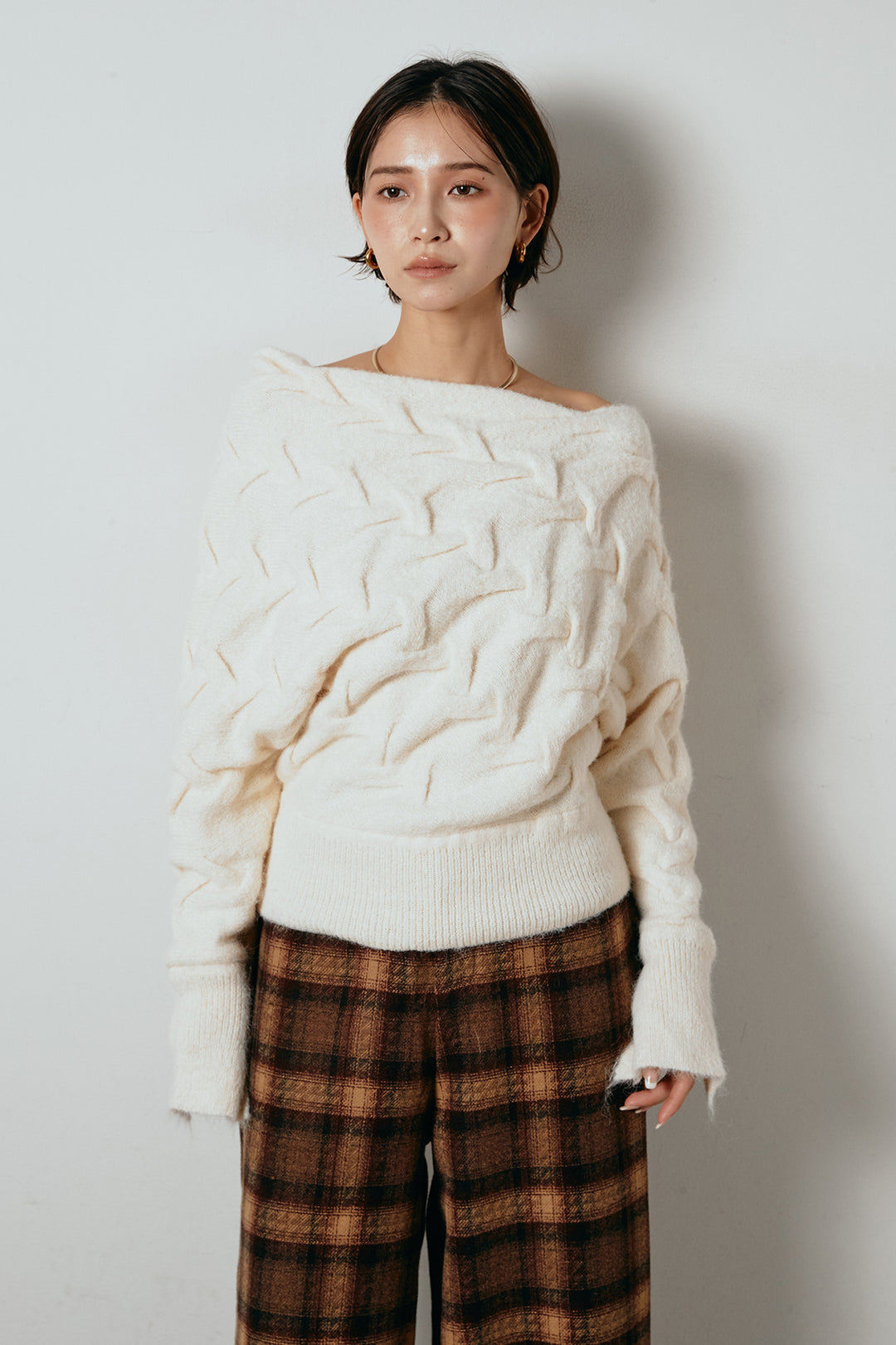 [SET]ボートネックニットトップス+ベルト付きウエストデザインパンツ(2set)