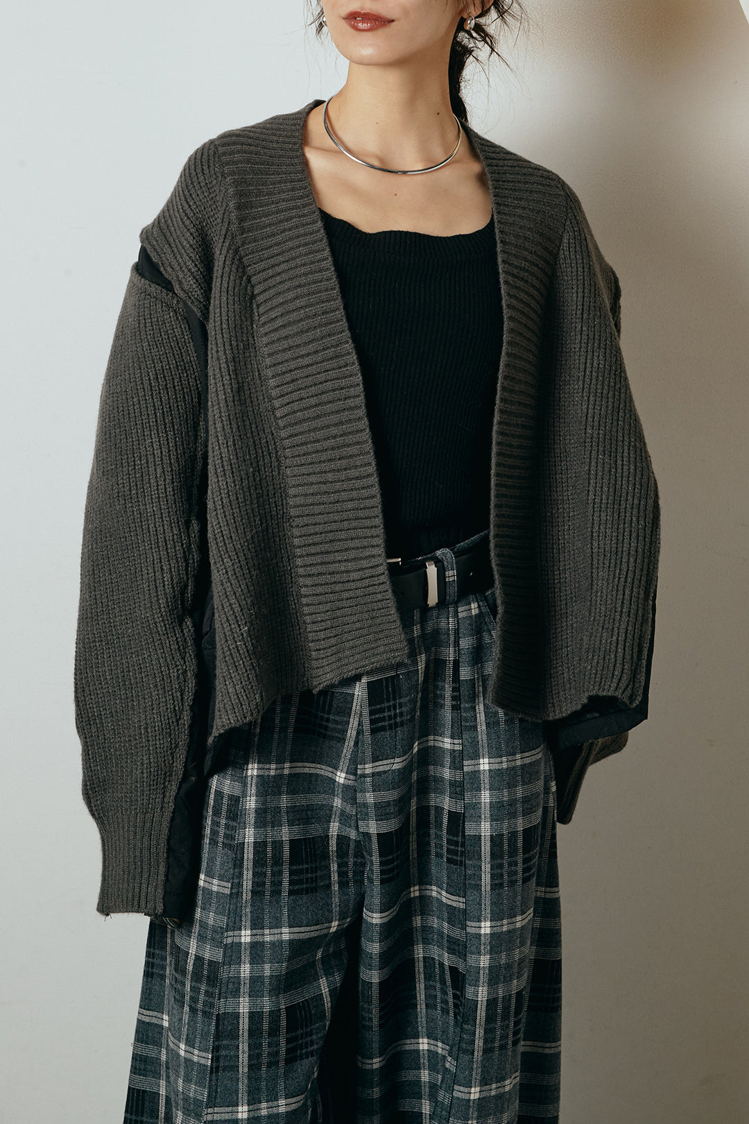 [SET]キルティング切り替えニットカーディガン+ウエストラップ巻きニットスカート(2set)