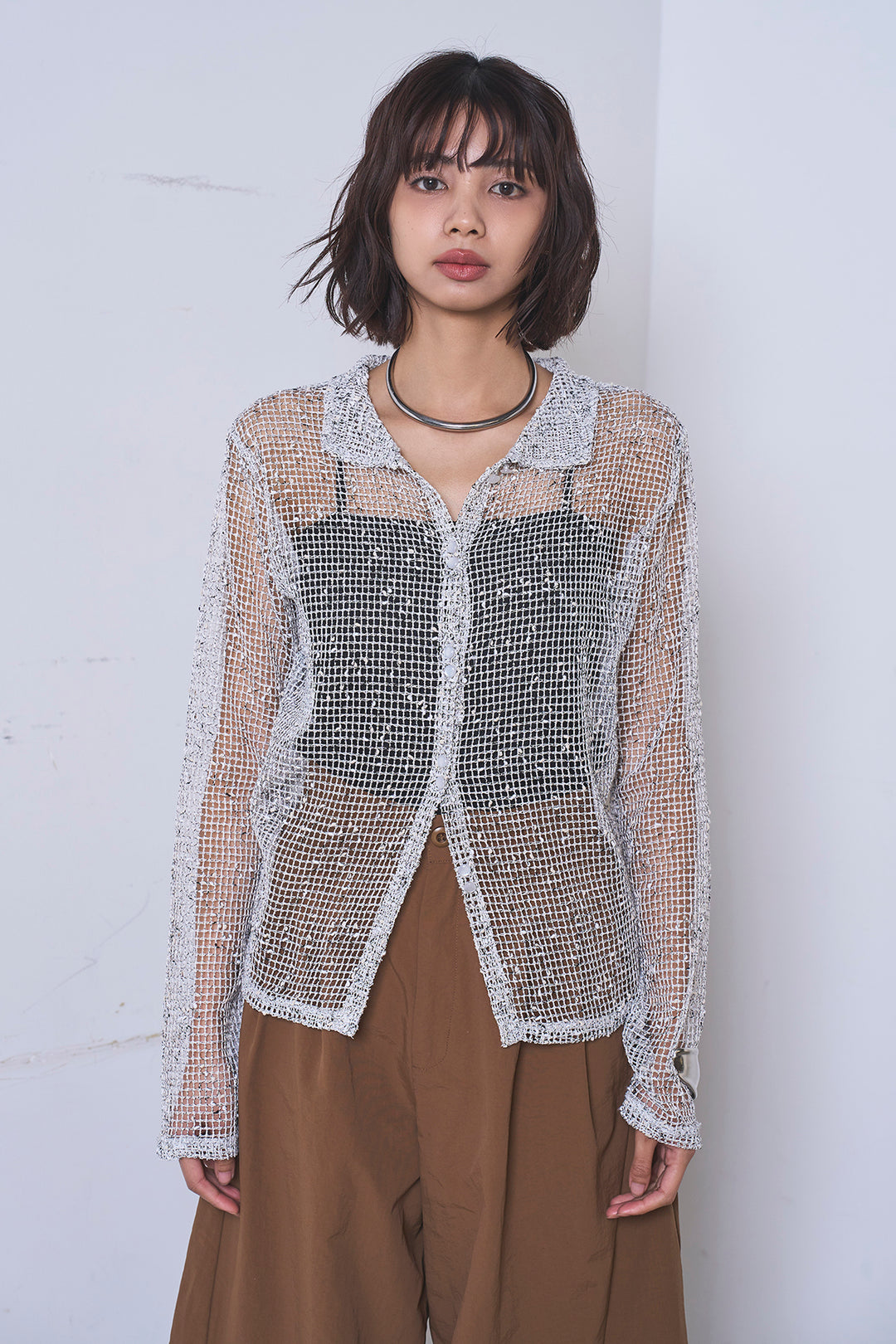 [SET]ネップメッシュポロ襟カーディガン+ラップレイヤードアシンメトリーデザインスカート(2set)