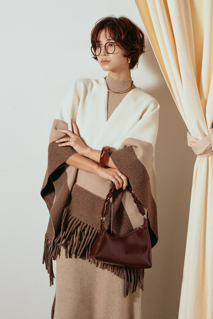 [SET]裾フリンジ柄ポンチョアウター+ノースリーブニットロングワンピース(2set)