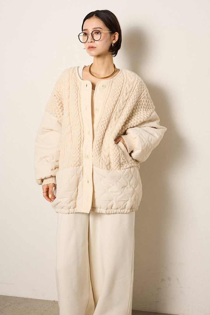 [SET]アラン編みニットノーカラー裾キルティングブルゾン+裏起毛スウェットワイドパンツ(2set)
