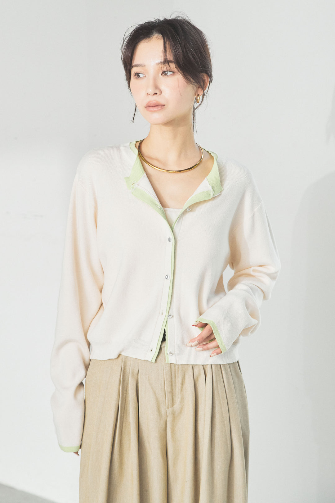 レイヤード風配色ニットカーディガン/グレー