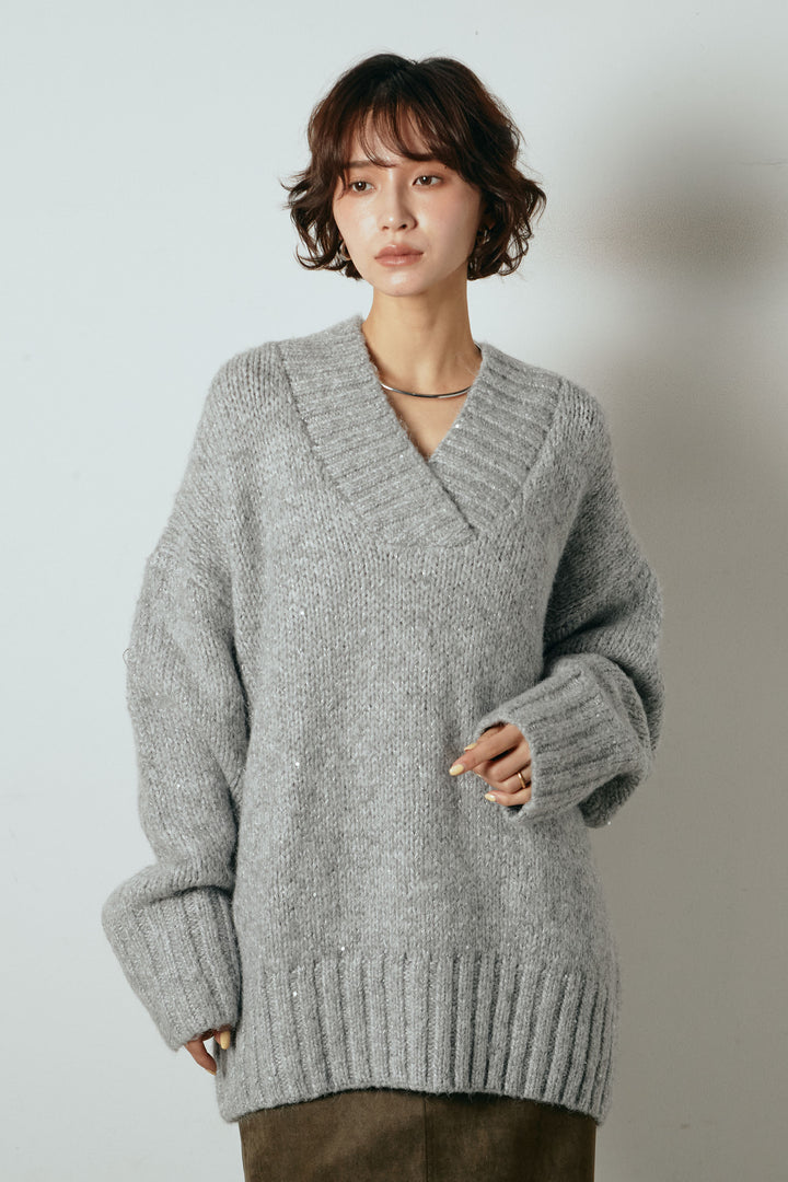 [SET]Vネックラメニットトップス+裏起毛スウェットワイドパンツ+レース切り替えキャミソール(3set)