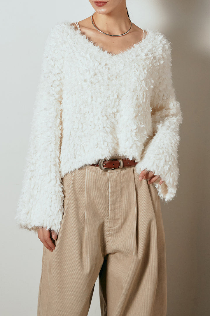 [SET]深Vネックチョウチョヤーンニットトップス+フロントタック入りコーデュロイパンツ(2set)