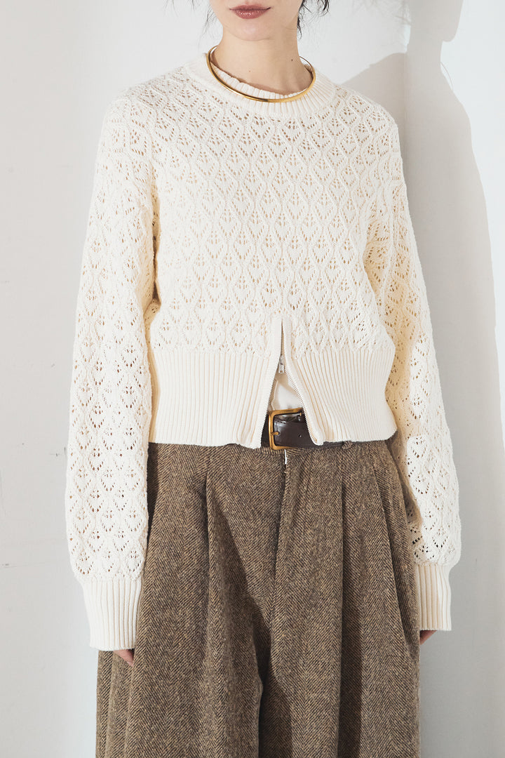 [SET]透かし編みニットジップスリットプルオーバー+ウールタッチカーブワイドパンツ(2set)