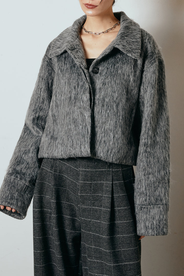 [SET]シャギーショートジャケット+スクエアチェック柄ワイドパンツ(2set)