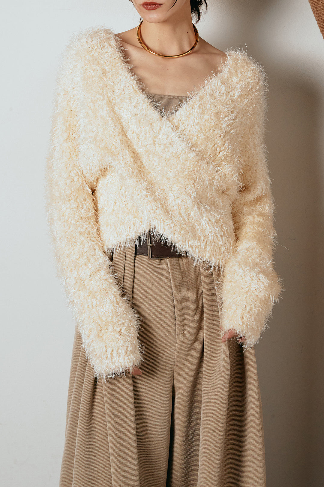 [SET]シャギークロスニットトップス+細ベルト付き起毛タックワイドパンツ(2set)