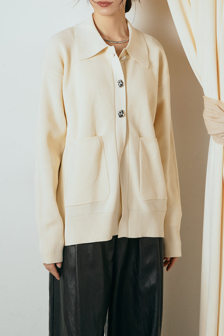 [SET]メタル釦衿付きニットカーディガン+ベルト付きレザーライクタックパンツ(2set)