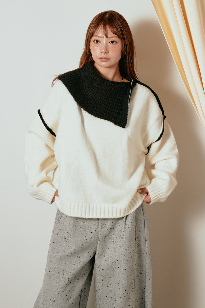 ハイネックジップデザインニットトップス