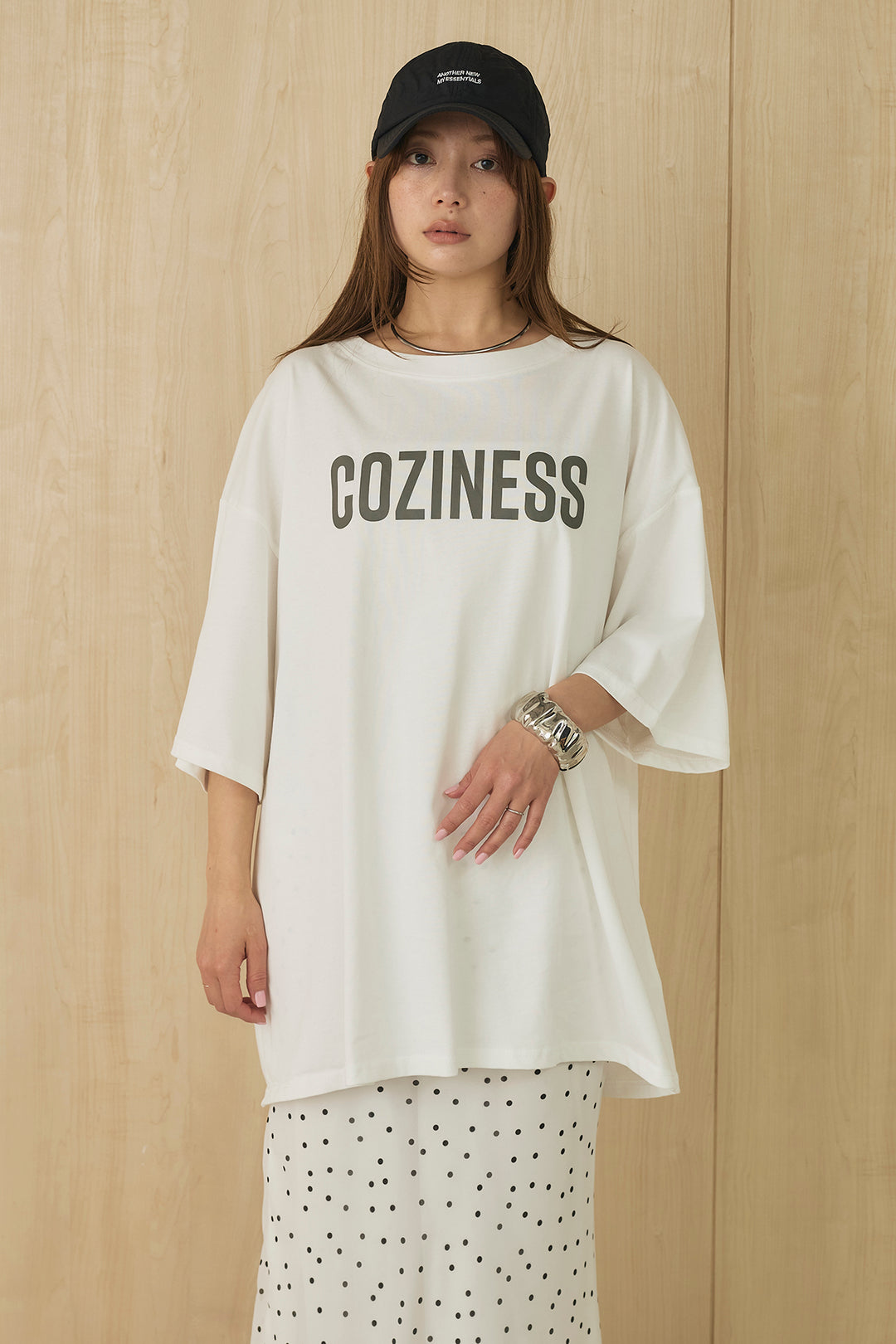 [SET]プリントロゴチュニックTシャツ+ドットサテンナロースカート(2set)