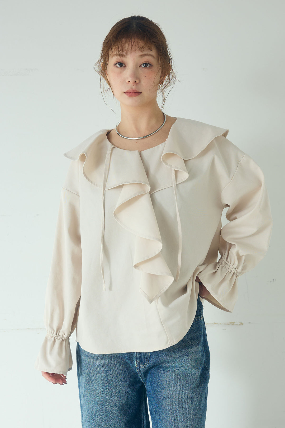 [SET]リネンライクテーラードジャケット+デニムフリルブラウス(2set)