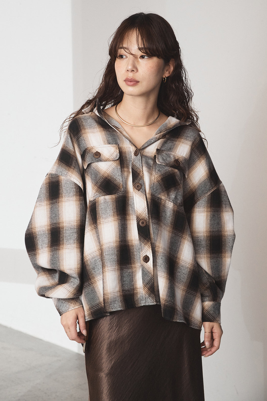 [SET]オンブレーチェックビッグシルエットCPOシャツ+裾レースデザインサテンスカート(2set)