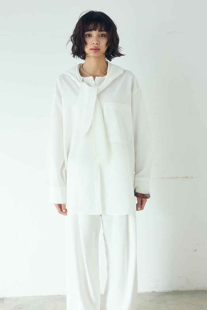 [SET]無地タイ付フーディーBIGシャツ+サイドベルトタック入りスラックス(2set)