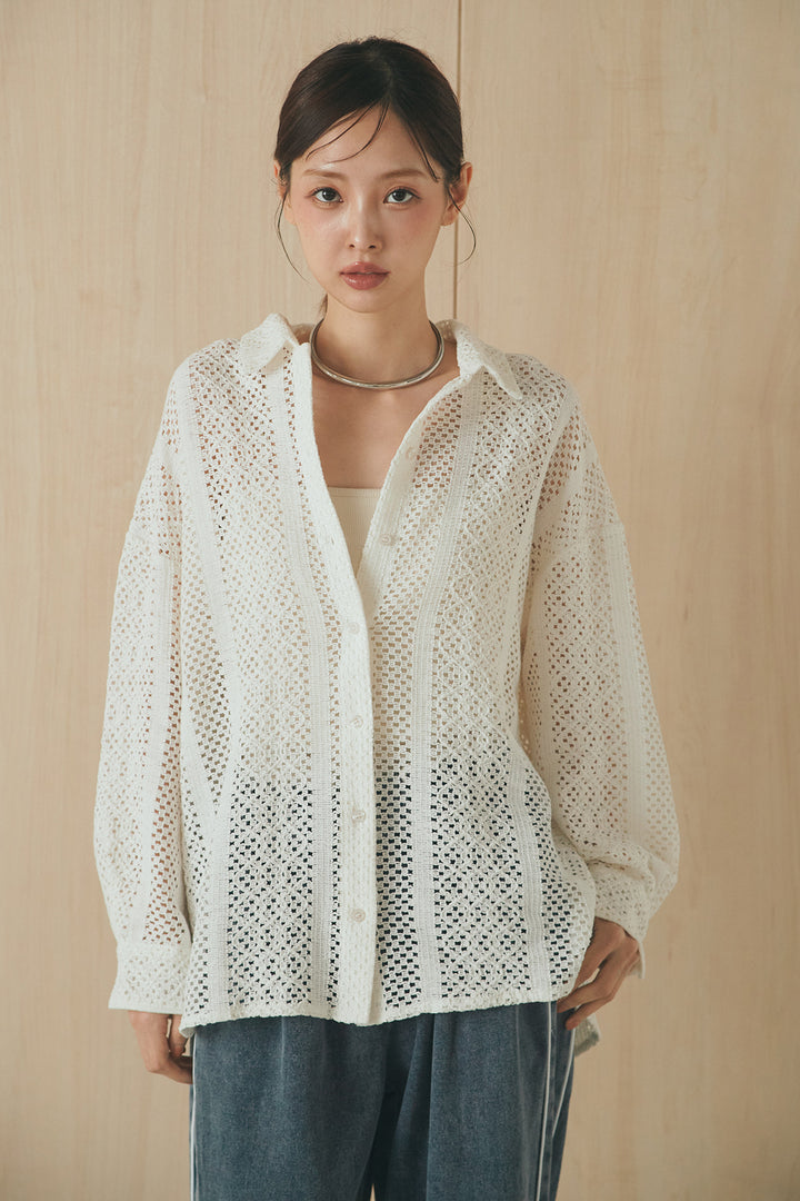 [SET]長袖襟付きレースシャツ+ポケットタックフォルムパンツ(2set)