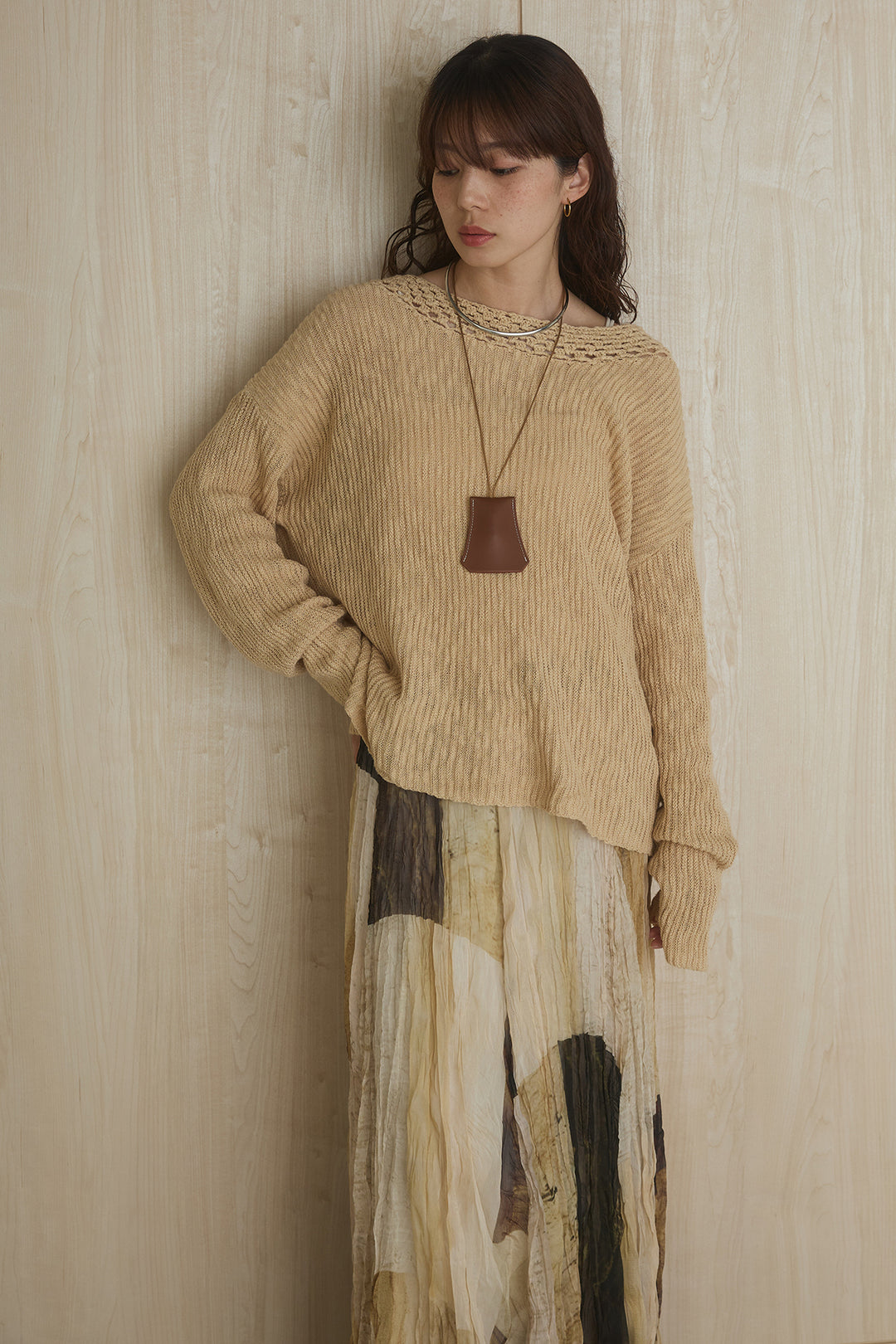 [SET]ネック編みデザインニットトップス+ウエスト折り返しワイドパンツ(2set)