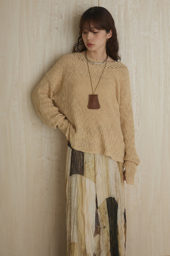 [SET]ネック編みデザインニットトップス+ウエスト折り返しワイドパンツ(2set)