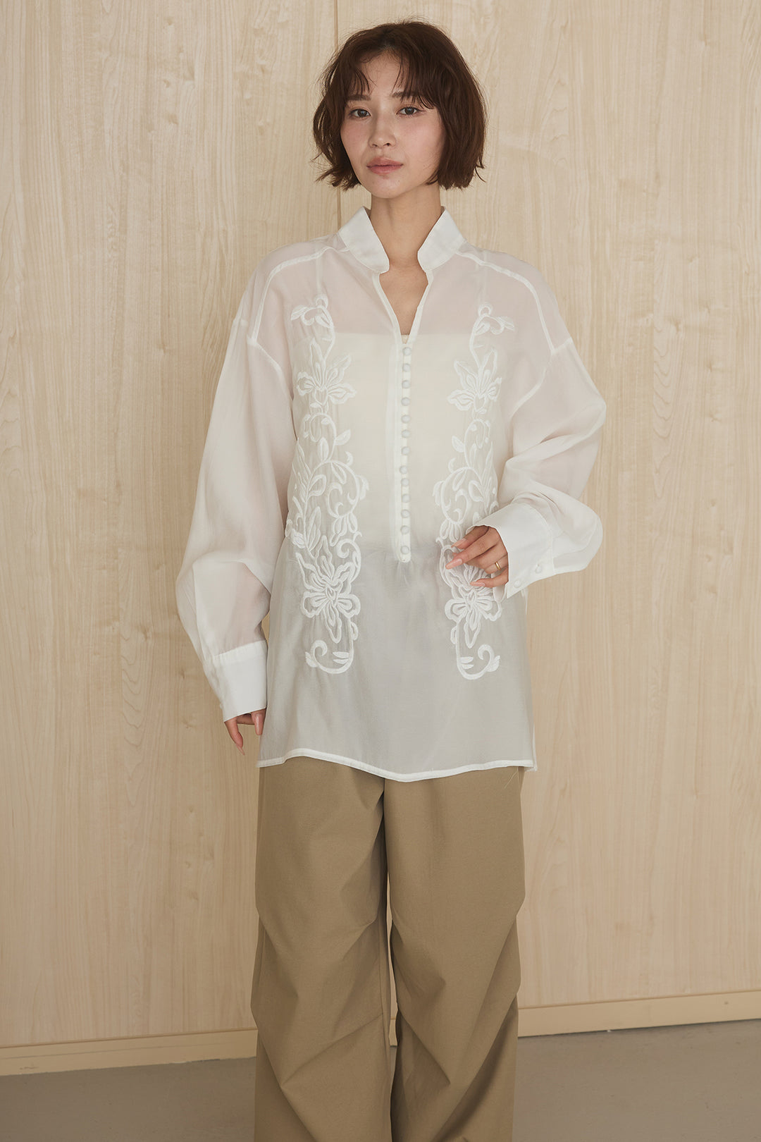 [SET]フロントボタンニュアンス柄ブラウス+ニーサイドタックウエストドロストパンツ(2set)