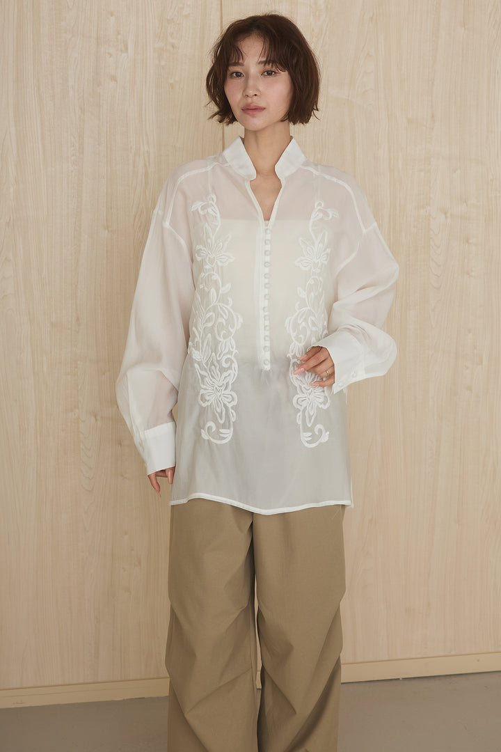 [SET]フロントボタンニュアンス柄ブラウス+ニーサイドタックウエストドロストパンツ(2set)