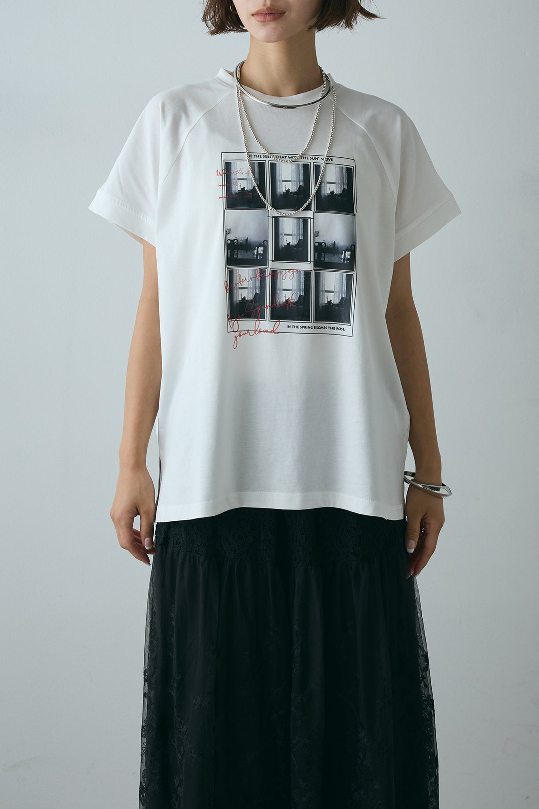 [SET]フォトプリントラグランTシャツ+ミックスレース刺繍スカート(2set)