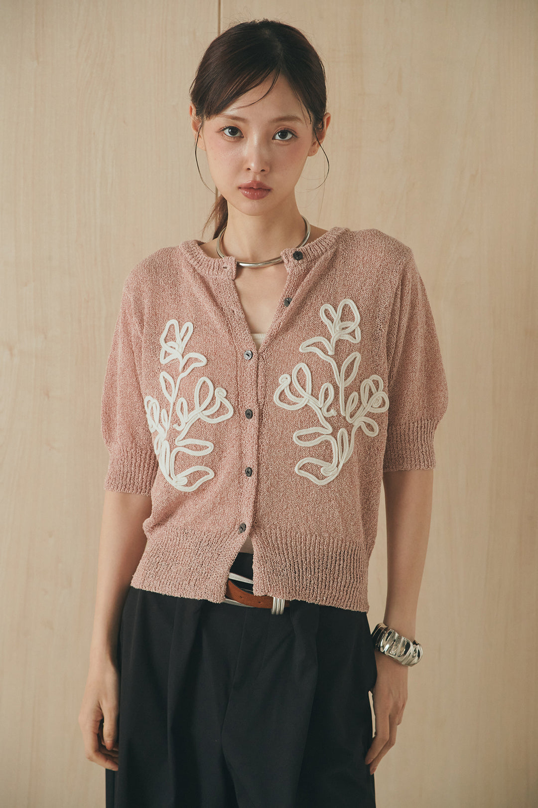 [SET]フロントテープデザイン半袖カーディガン+サイドベルトカーブワイドパンツ(2set)